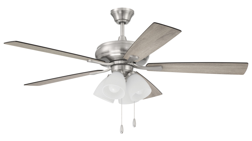 Eos 52" 5-Blade Frost 4 Light Ceiling Fan in Brushed Polished Nickel w/ Driftwood/Walnut Blades