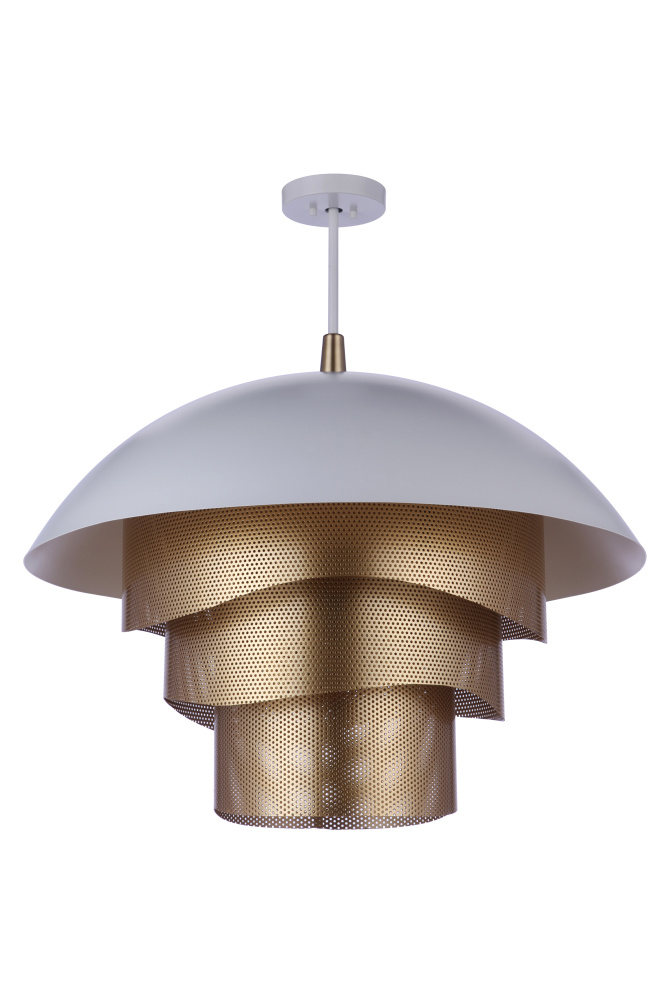 31.25 Dia Sculptural Statement Dome Pendant w/ Perforated Metal Shades in Matte White/Matte Gold