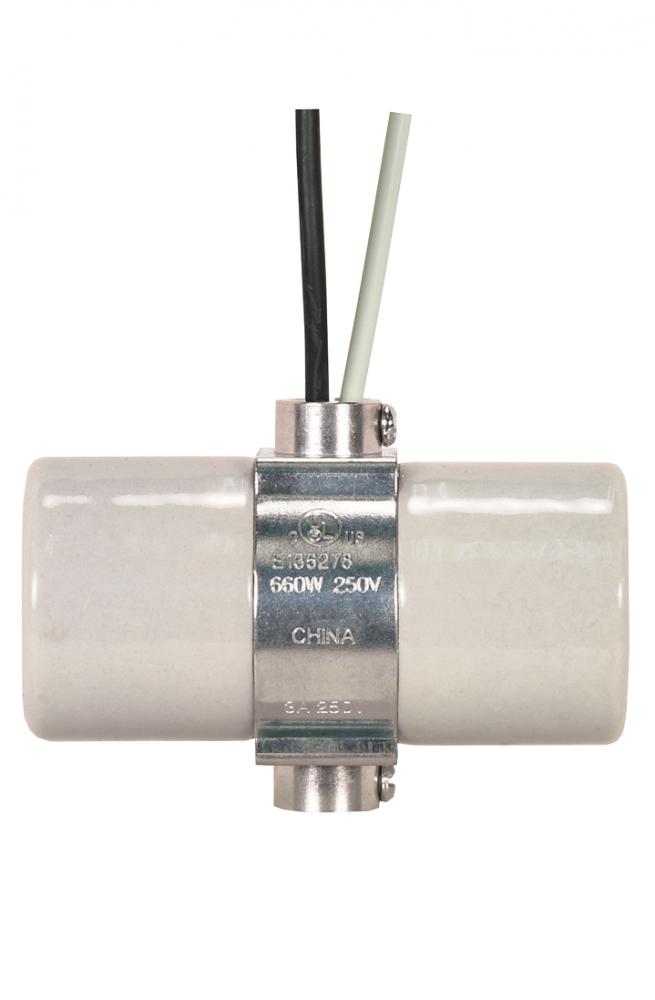 Twin Porcelain Socket With Double Bushing Strap And Leads; 24" Leads; 1/8 IPS Bushing; Glazed;