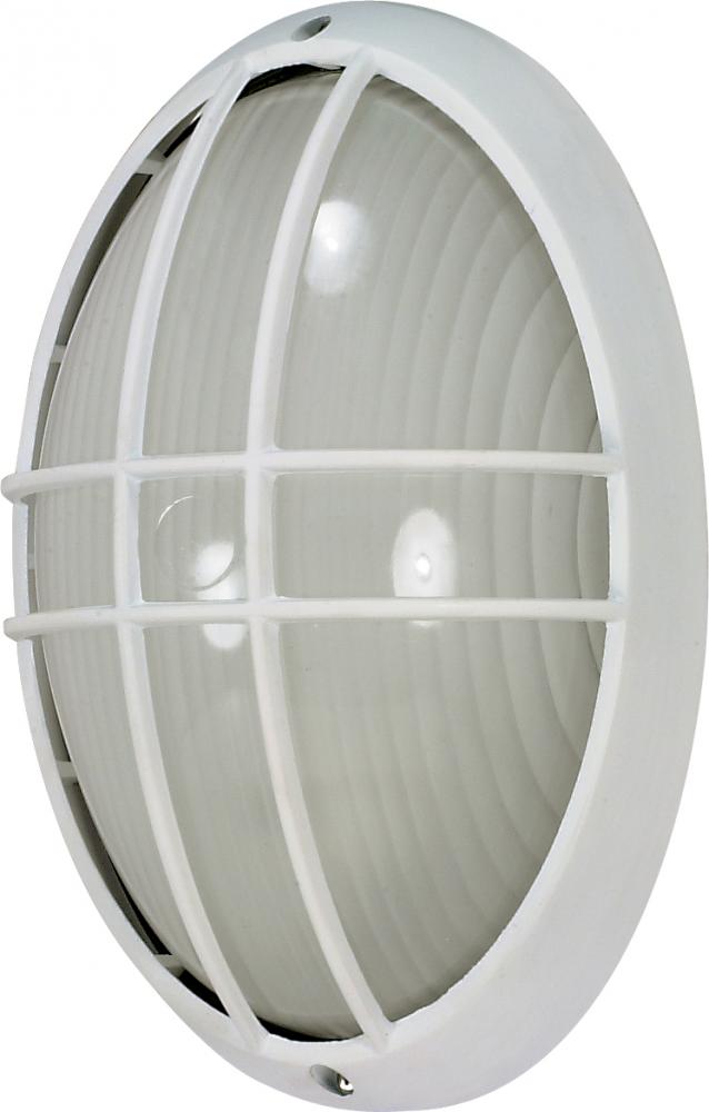1-Light Large Oval Caged Die-Cast Bulkhead Light in Semi Gloss White Finish with Glass Lens and (1)
