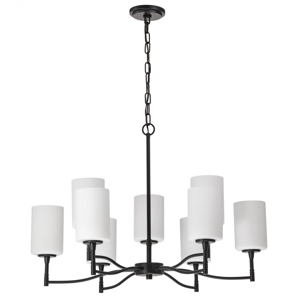 Liam; 9 Light Chandelier; Matte Black; White Opal Glass