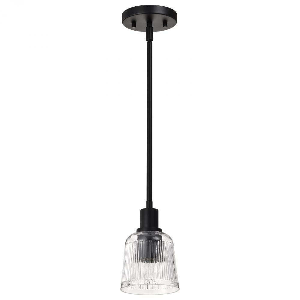 Grayson; 1 Light Mini Pendant; Matte Black Finish; Clear Ribbed Glass