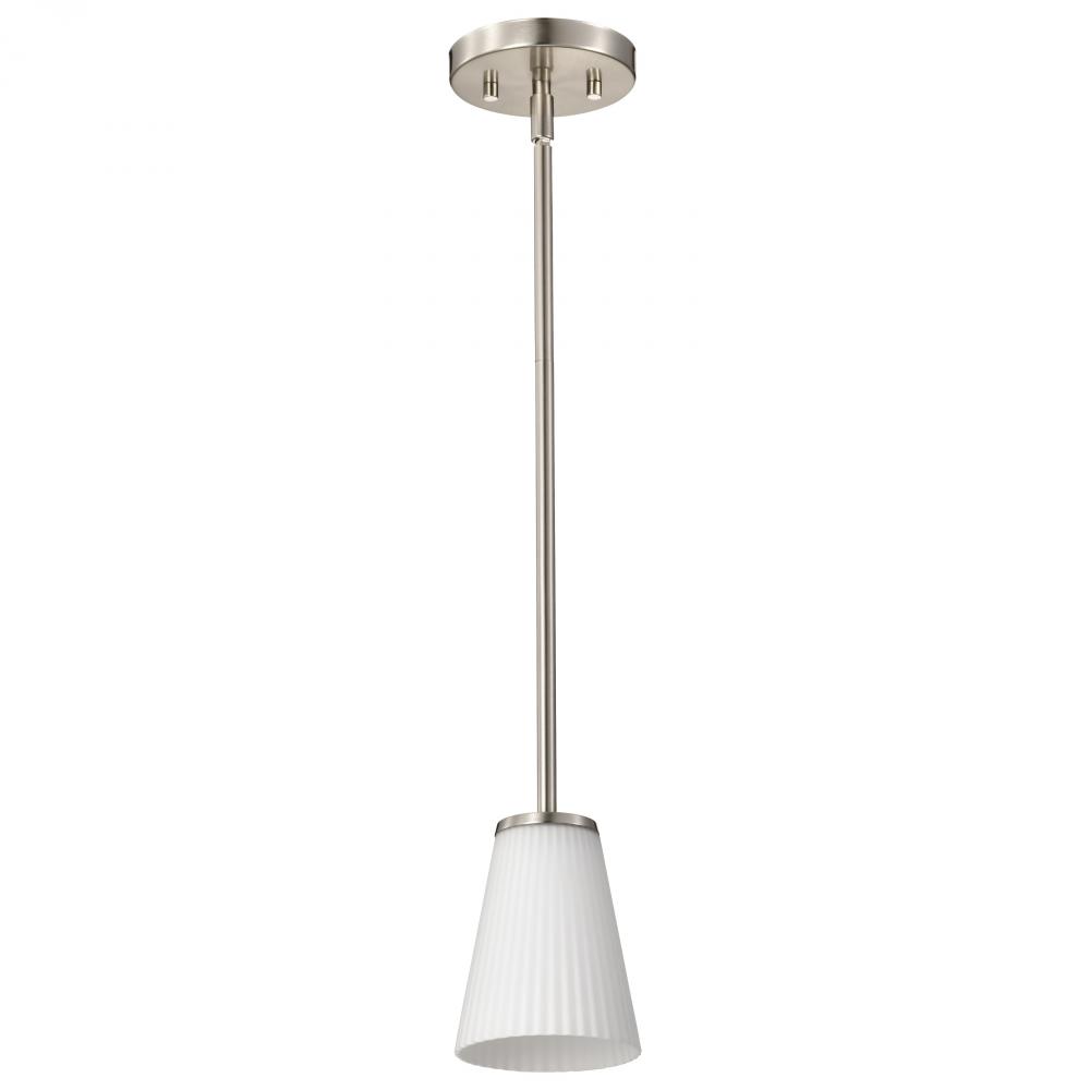 Royale; Mini Pendant; Brushed Nickel Finish; Ribbed White Glass