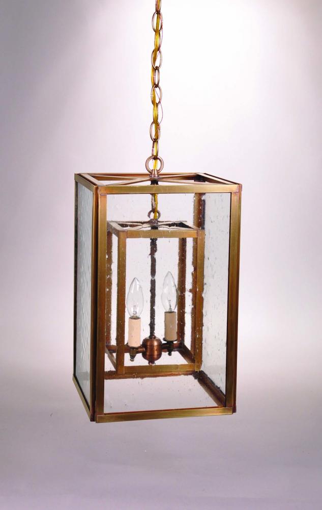 Square Hanging Inside Square Dark Brass 2 Candelabra Sockets Clear Seedy Glass
